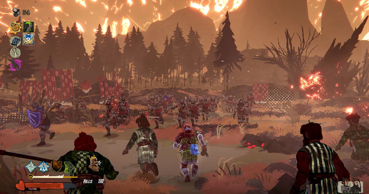 A Scottish hero and allied soldiers charging a large enemy formation beneath a burning sky in Tears of Metal