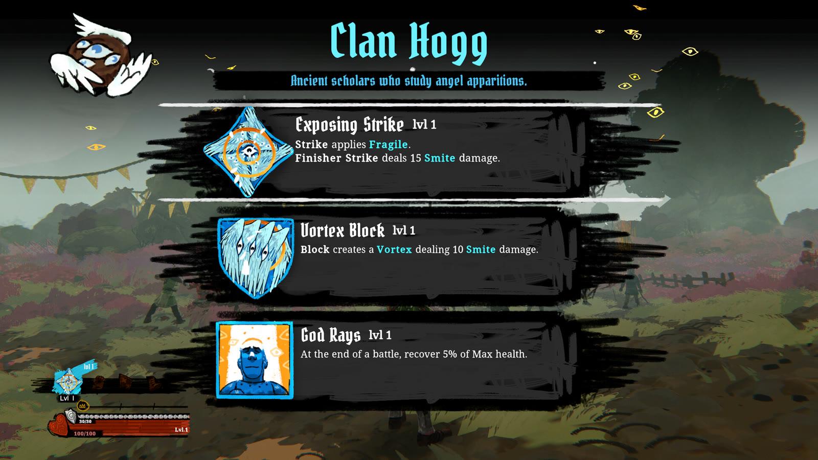 The Clan Hogg Emblem selection screen showing Strike, Block and healing upgrades in Tears of Metal