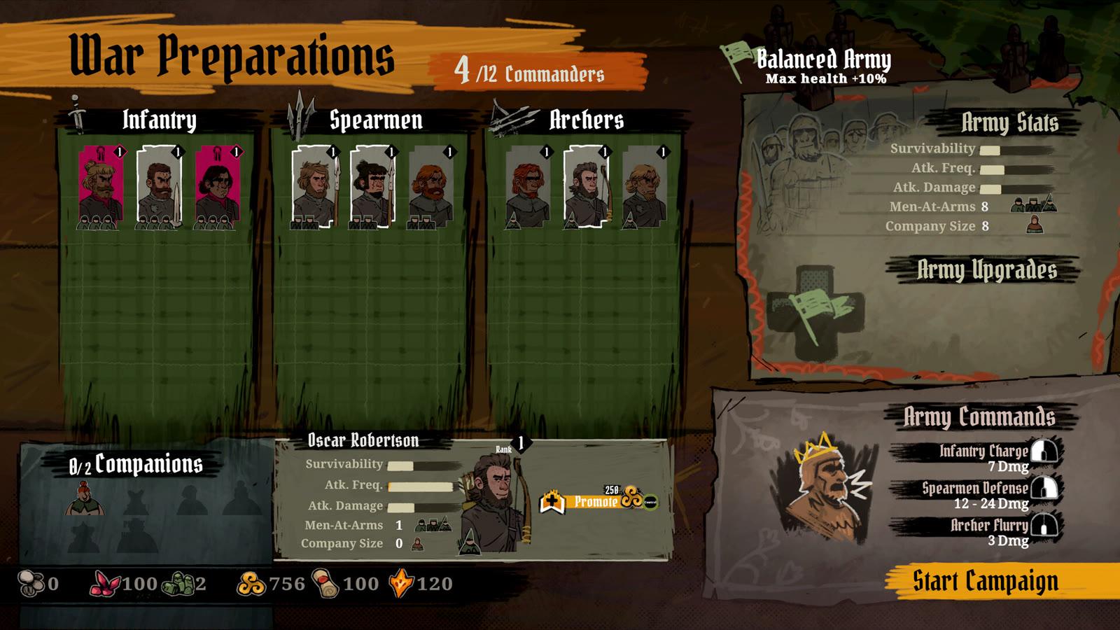 The Tears of Metal War Preparations screen with infantry, spearmen, archers and permanent army upgrades