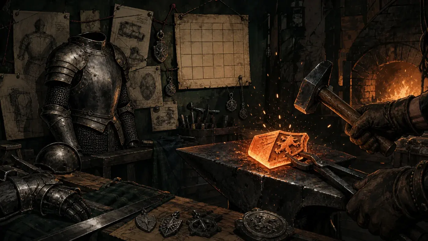 An unfinished suit of armor and glowing emblem being worked on in a medieval forge