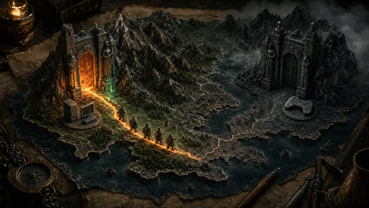 A medieval map with an illuminated PC route and a closed console gateway in fog