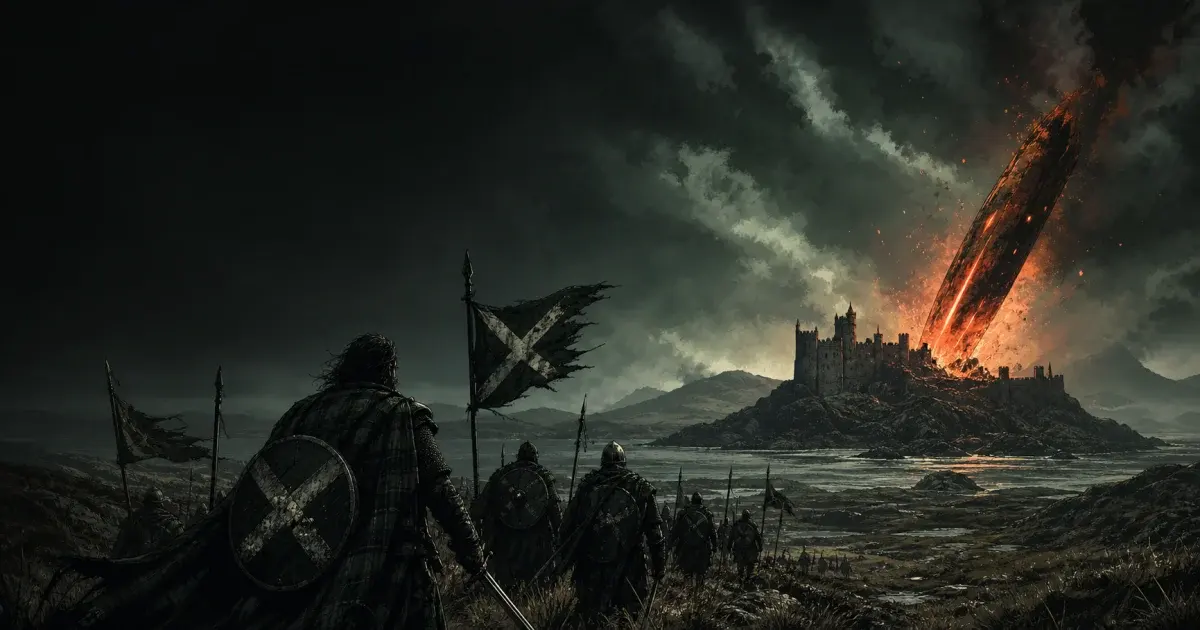 A Scottish battalion advancing toward an island fortress struck by a fiery meteor