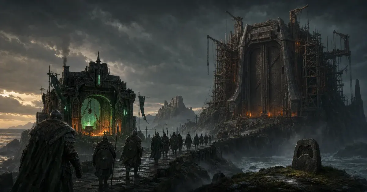 A Scottish battalion walking between an open green forge gate and a larger fortress gate under construction