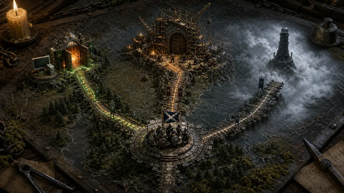 A medieval map with an open PC gate, a console gate under construction and an unlit tower beyond an unfinished bridge